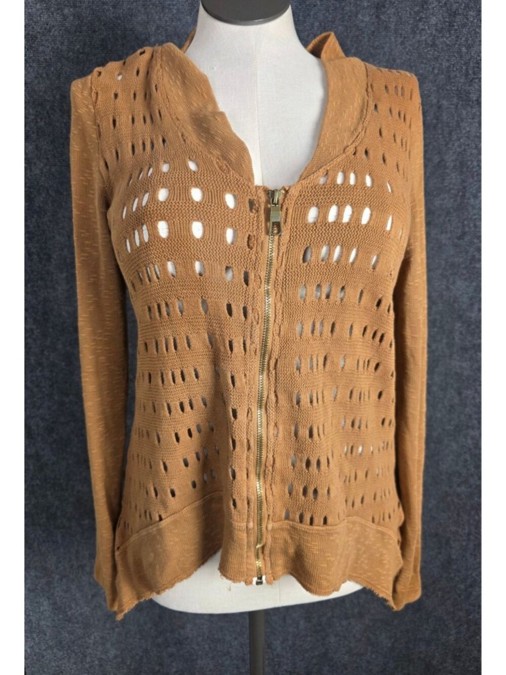 XCVI Womens Open Knit Rust Cardigan Zip Front Long Sleeves Scalloped Hem 100% Co